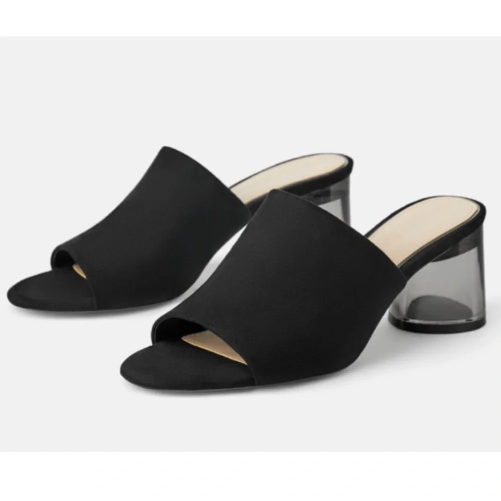 ZARA BLACK FAUX SUEDE SLIDE SANDALS LUCITE ROUND HEEL OPEN TOE MINIMALIST MULES - Picture 11 of 14